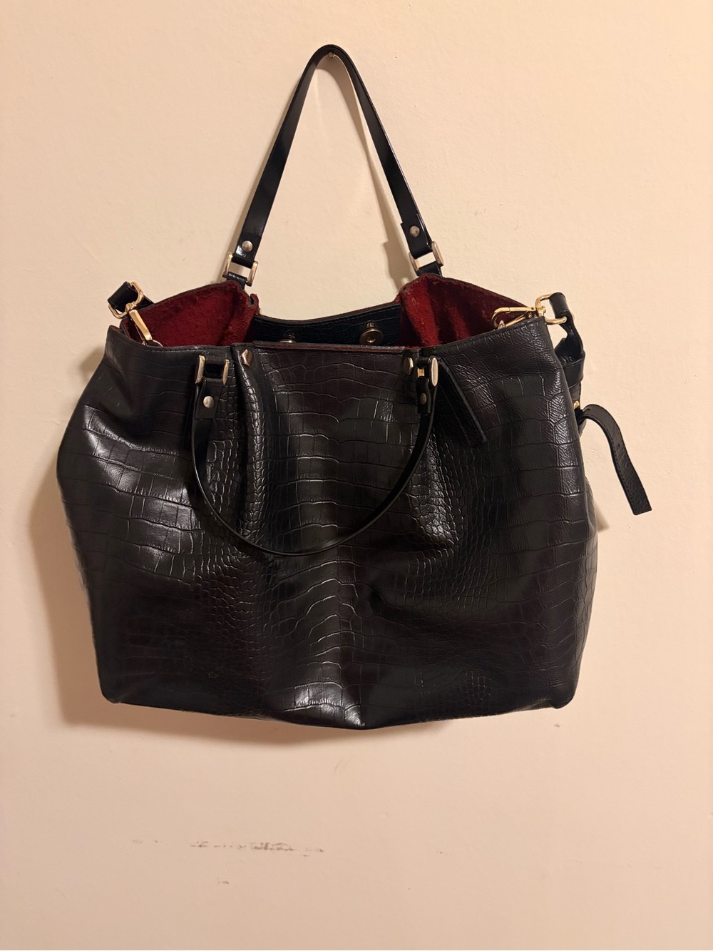 Genuine Merchandise Black Croc-Embossed Shoulder Tote with Red Interior